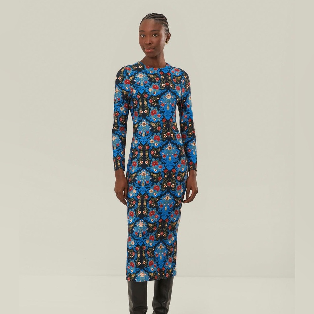 NWT Blue Arabesque Floral Jersey Lenzing™ Ecovero™ Midi Dress